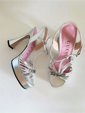 Gucci Silver GG Chain Platform Heels Strappy Sandals Size EU 37.5